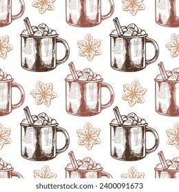 Seamless pattern of hand-drawn hot drink with marshmallows and cinnamon stick in a mug, ginger cookies. Hot chocolate, cocoa. Traditional Christmas dessert. Vintage cozy seasonal holidays.