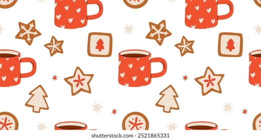 Seamless pattern of hand-drawn hot drink in a mug, ginger cookies. Hot chocolate, cocoa. Traditional Christmas dessert. Vintage cozy seasonal holidays.