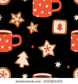 Seamless pattern of hand-drawn hot drink in a mug, ginger cookies. Hot chocolate, cocoa. Traditional Christmas dessert. Vintage cozy seasonal holidays.