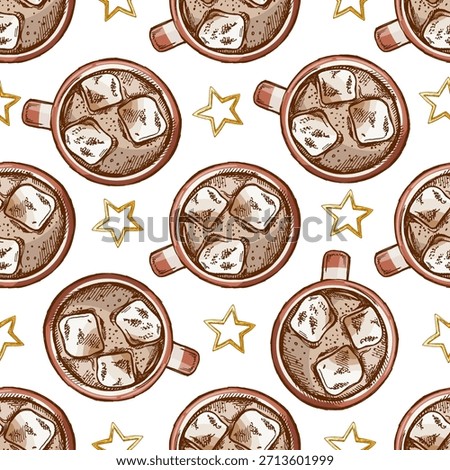 Seamless pattern of hand-drawn hot drink with marshmallows mug. Hot chocolate, cocoa. Vector food drawing. Traditional Christmas dessert. Vintage cozy seasonal holidays. Top view.