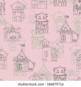 Seamless pattern with hand-drawn houses of different styles on a pink background. Vector illustration.