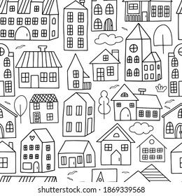 Seamless pattern with hand-drawn houses on a white background.Vector illustration in a doodle style. Can be used for coloring book, textile, nursery.