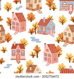 Seamless pattern with handdrawn houses and trees. Vector illustration.