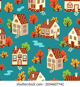 Seamless pattern with handdrawn houses and trees. Vector illustration.