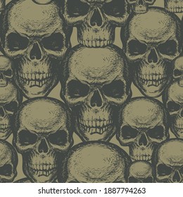 Seamless pattern with hand-drawn human skulls in retro style. Vector background with sinister skulls on a khaki backdrop. Graphic print for clothes, fabric, wallpaper, wrapping paper