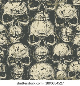 Seamless pattern with hand-drawn human skulls in grunge style. Abstract vector background with ominous skulls. Graphic print for clothes, fabric, wallpaper, wrapping paper, design for halloween party