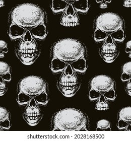 Seamless pattern with hand-drawn human skulls. Black and white vector background with sinister smiling skulls in retro style. Graphic print for clothes, fabric, wallpaper, wrapping paper