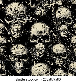 Seamless pattern with hand-drawn human skulls in the grunge style. Vector background with sinister skulls looking out of the dark. Graphic print for clothing, fabric, wallpaper, wrapping paper