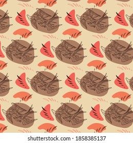 Seamless pattern with hand-drawn hunting birds in orange and brown colours