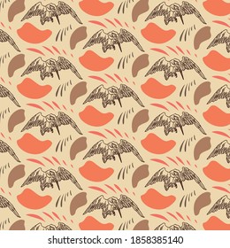 Seamless pattern with hand-drawn hunting birds in orange and brown colours