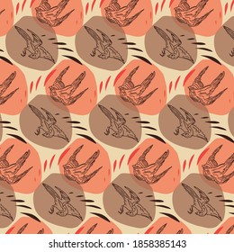 Seamless pattern with hand-drawn hunting birds in orange and brown colours