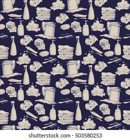 Seamless pattern with hand-drawn hygiene elements. Vector illustration.