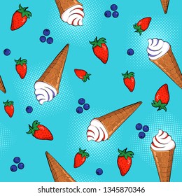 Seamless pattern. Hand-drawn ice cream and Strawberry and blueberries on the blue background. Vector illustration