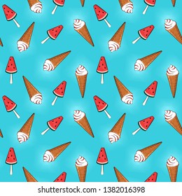 Seamless pattern. Hand-drawn ice cream and watermelon on blue background. Vector illustration