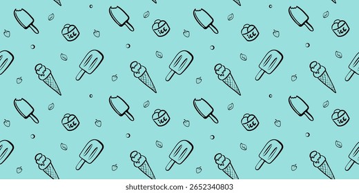 Seamless pattern with hand-drawn ice cream, popsicles, strawberries, and leaves on a light blue background. Perfect for summer designs and kids' products.