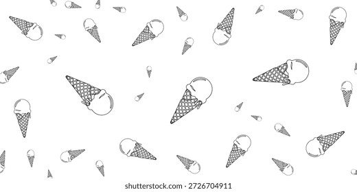 Un patrón sin fisuras de conos de helado dibujados a mano en varios tamaños y Orientaciones sobre un fondo blanco. El estilo de arte de línea simple crea una estética juguetona y dulce.