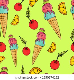 Seamless  pattern of hand-drawn ice creams and fruits. Vector abstract print. Red cherry, orange and ice cream in a waffle cone with three colorful balls on a light green background. New Year.