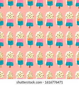 Seamless pattern with hand-drawn ice creams in vector.