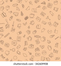 Seamless pattern of hand-drawn icons coffee, tea and sweets, dark contour on beige background