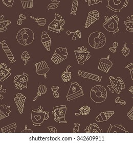 Seamless pattern of hand-drawn icons coffee, tea and sweets beige  contour on brown  background