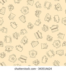Seamless pattern of hand-drawn icons coffee, tea and teapot, dark contour on the beige background