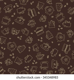 Seamless pattern of hand-drawn icons coffee, tea and coffee beans, beige contour on the brown background