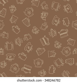 Seamless pattern of hand-drawn icons coffee, tea and teapot, beige contour on the brown background