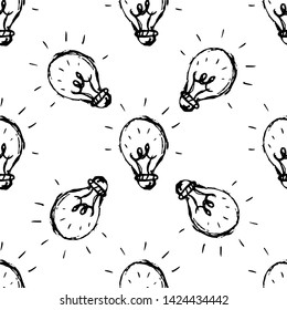 Seamless pattern Handdrawn idea lamp doodle icon. Hand drawn black sketch. Sign symbol. Decoration element. White background. Isolated. Flat design. Vector illustration.