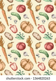 Seamless Pattern. Hand-drawn illustration of vegetables, vector