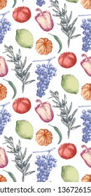 Seamless Pattern. Hand-drawn illustration of vegetables and fruits, vector