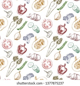 Seamless Pattern. Hand-drawn illustration of vegetables and fruits, vector