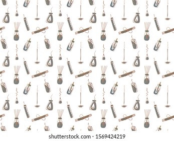 Seamless pattern of hand-drawn incense sticks and cones, aroma lamps, diffusers and candles, essential oils in bottles with pipettes on a white background. Vector.
