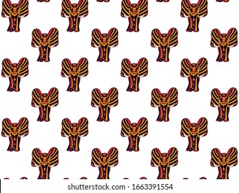 Seamless pattern of hand-drawn indian zentangle elephants in red, orange and black colors on a white background. For fabric, clothing, wallpaper, design. Vector.