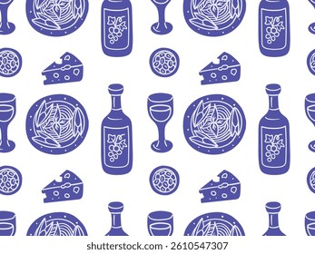 Seamless pattern with hand-drawn ink illustrations of Italian cuisine: pasta, wine, cheese, and olives. Ideal for packaging, textile, kitchen decor, menu, and branding.