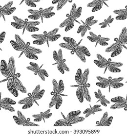 Seamless pattern with hand-drawn insects. Black and white monochrome insect texture. Dragonfly and beetle vector pattern ornament.