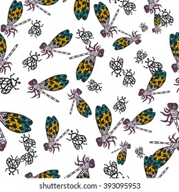 Seamless pattern with hand-drawn insects. Black, green and white insect texture. Dragonfly beetle vector pattern ornament.