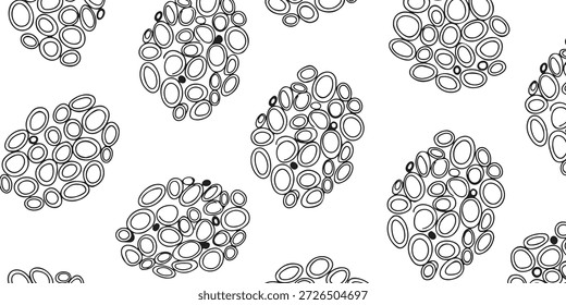 Un patrón sin fisuras de Formas ovaladas irregulares dibujadas a mano y Pequeñas circunferencias sólidas sobre un fondo blanco. Los óvalos varían en tamaño y se superponen, creando una textura orgánica agrupada. La impresión general es abstracta y minimalista.