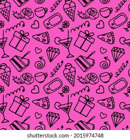 Seamless pattern, hand-drawn items in black on the theme of birthday on a pink background