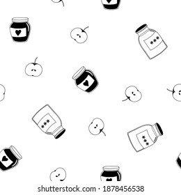 Seamless pattern with hand-drawn jars of jam. Black and white vector template.