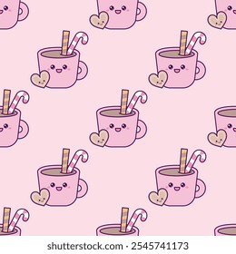 Patrón sin fisuras con taza kawaii dibujada a mano de cacao y galletas