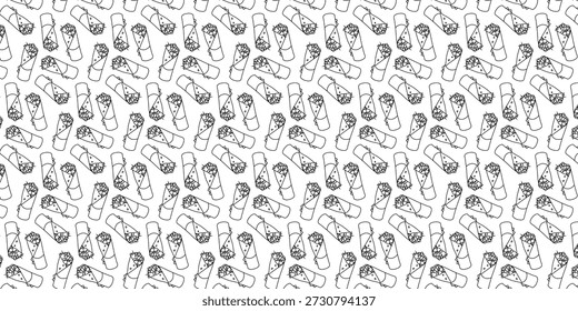 Patrón sin fisuras de kebab dibujado a mano o burrito envuelve el Vector sobre fondo blanco Diseño creativo de comida rápida para Fondo de pantalla, textil, menú y conceptos de comida callejera saludable