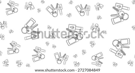 A seamless pattern of hand-drawn keys and keychains on a white background. The keys are depicted with various shapes and sizes, some with attached rectangular keychains.