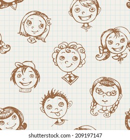 Seamless pattern with hand-drawn kids on square lined background. Vector illustration