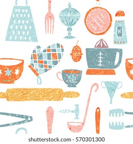 Seamless pattern with hand-drawn kitchenware and utensils in trendy modern style with organic texture in bright colors. Design for background, wallpaper, tableware. Whimsical quirky illustrations.