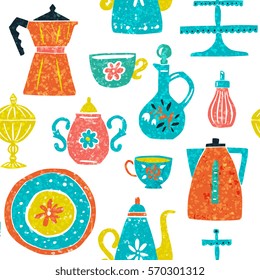 Seamless pattern with hand-drawn kitchenware and utensils in trendy modern style with organic texture in bright colors. Design for background, wallpaper, tableware. Whimsical quirky illustrations.