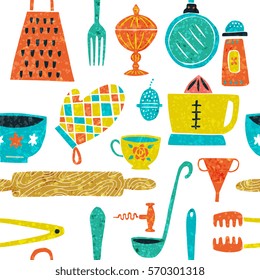 Seamless pattern with hand-drawn kitchenware and utensils in trendy modern style with organic texture in bright colors. Design for background, wallpaper, tableware. Whimsical quirky illustrations.