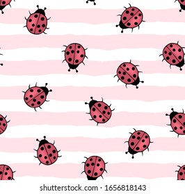 Seamless pattern with hand-drawn ladybugs on a striped background. Cute ladybug set in children's cartoon style. All elements are editable.