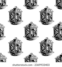 Seamless pattern of hand-drawn lantern. The design element of the sketch of the decor of the autumn holiday, isolated on a white background. 