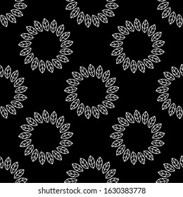 Seamless pattern of hand-drawn leaves. Black and white doodle illustration of leaves.
