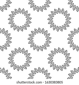 Seamless pattern of hand-drawn leaves. Black and white doodle illustration of leaves.